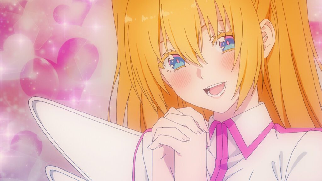 Ririsa Amano smiling shyly in a cosplay scene from 2.5 Dimensional Seduction anime