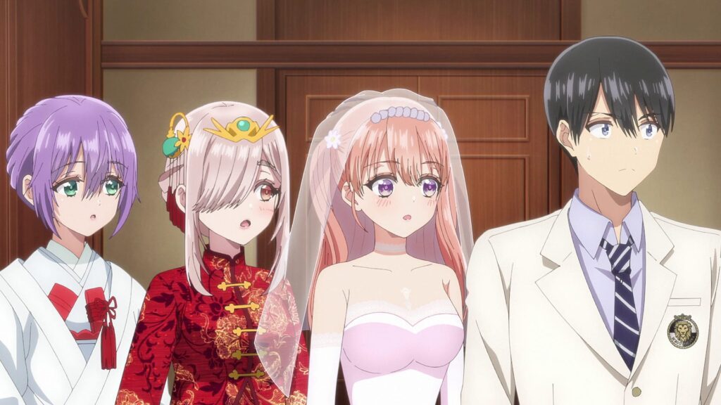 Nagi Umino standing beside Erika Amano in a wedding dress with other heroines in A Couple of Cuckoos anime.