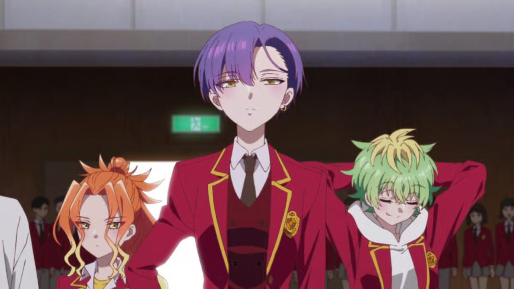 Main characters in red academy uniforms from Dealing with Mikadono Sisters Is a Breeze anime.