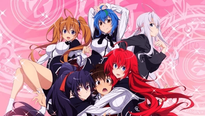 Issei Hyoudou surrounded by Rias Gremory and other heroines in High School DxD anime promotional artwork.