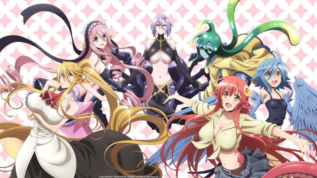 Miia and other monster girl heroines from Monster Musume anime promotional image.