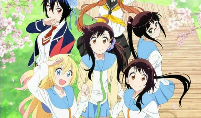 Main female characters from Nisekoi anime standing together in school uniforms during a spring scene.