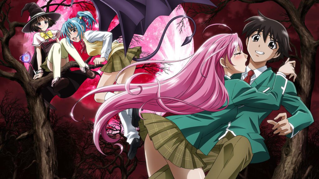 Tsukune Aono with Moka Akashiya and other heroines under a red moon in Rosario + Vampire anime.