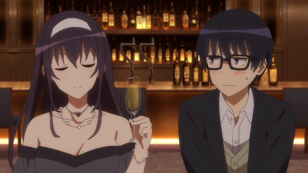 Utaha Kasumigaoka holding a drink beside Tomoya Aki in Saekano anime bar scene.