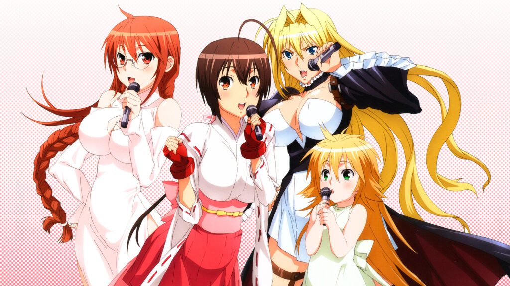 Minato Sahashi and main Sekirei heroines holding microphones in a promotional image from Sekirei anime.