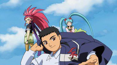 Tenchi Masaki with Ryoko and Ayeka from Tenchi Muyo anime standing outdoors under a blue sky.