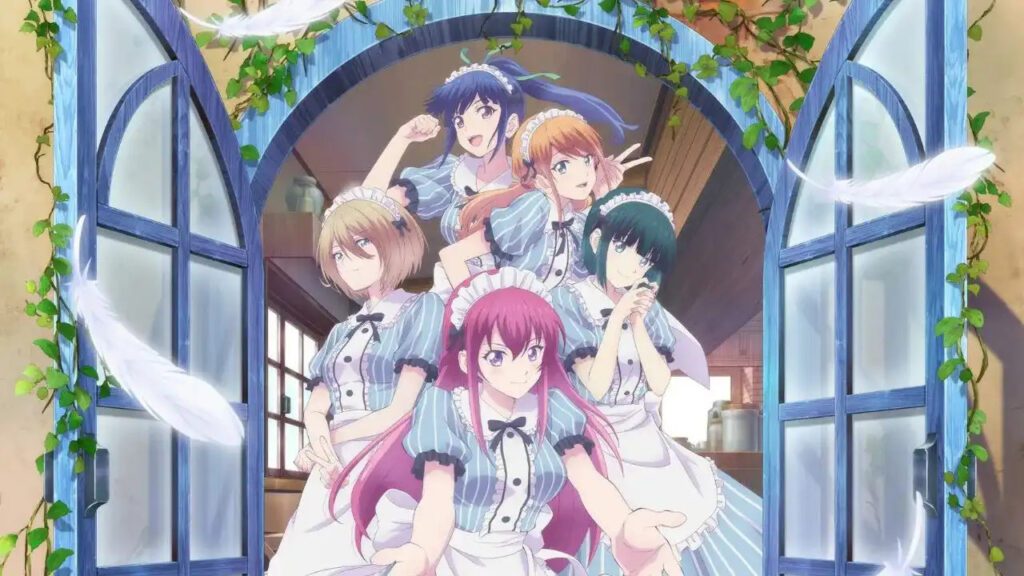 The five main heroines in maid outfits from The Café Terrace and Its Goddesses anime standing at the café entrance.
