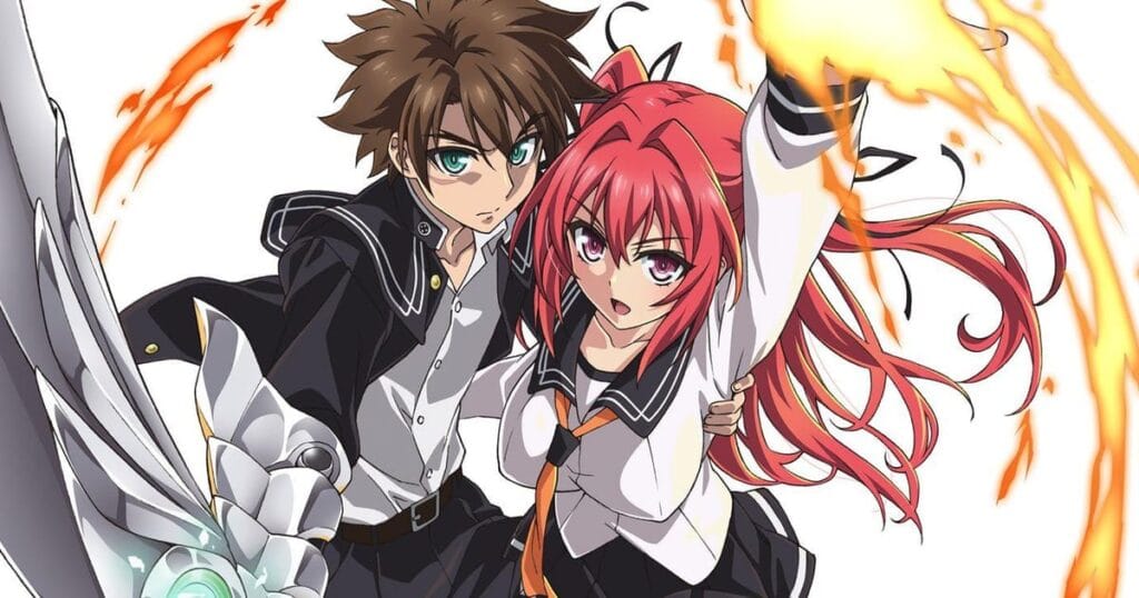 Basara Toujou and Mio Naruse in action scene from The Testament of Sister New Devil anime.