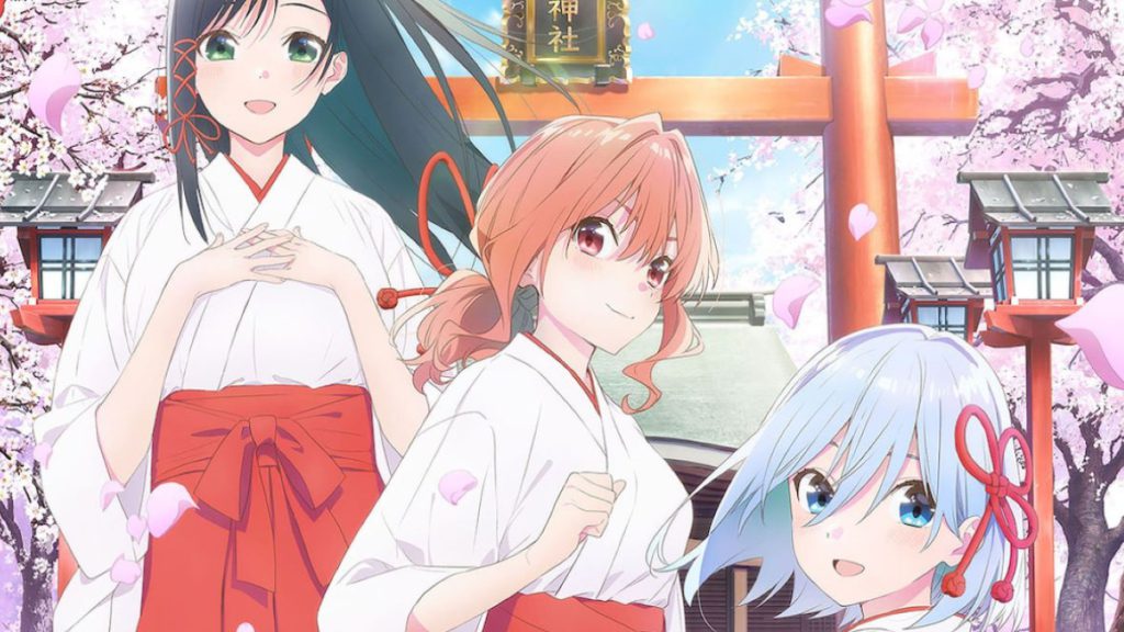 The Amagami shrine maiden sisters standing under cherry blossoms in Tying the Knot with an Amagami Sister anime.