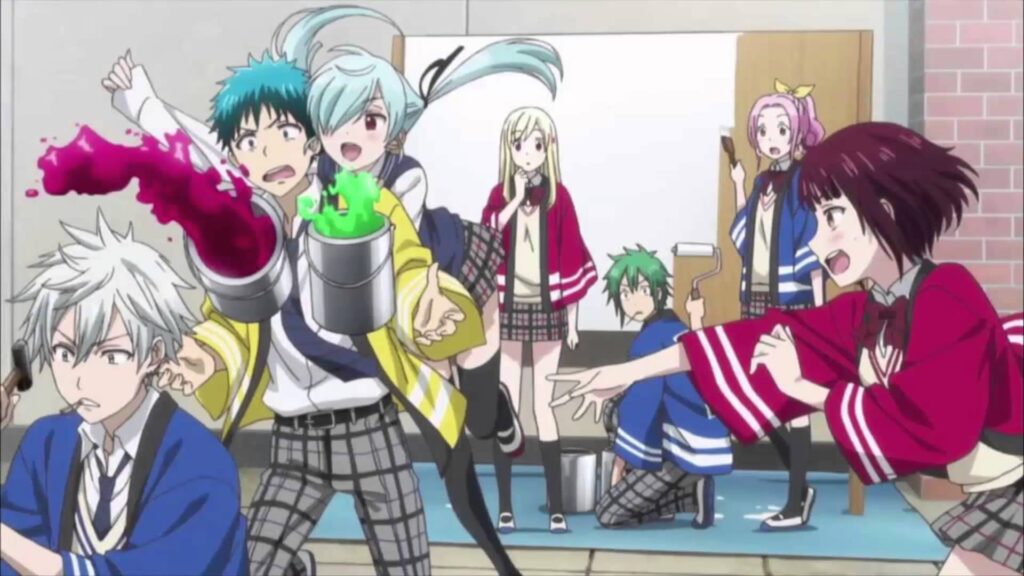 Ryuu Yamada and classmates causing chaos in a classroom scene from Yamada-kun and the Seven Witches anime.