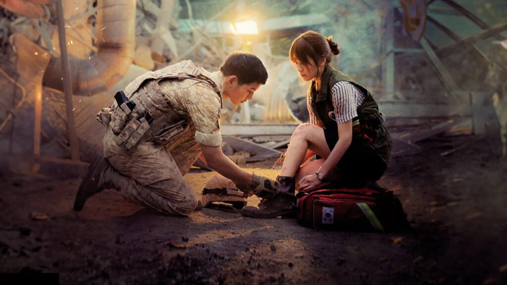 Soldier helping injured doctor in a disaster area scene from the Korean drama Descendants of the Sun