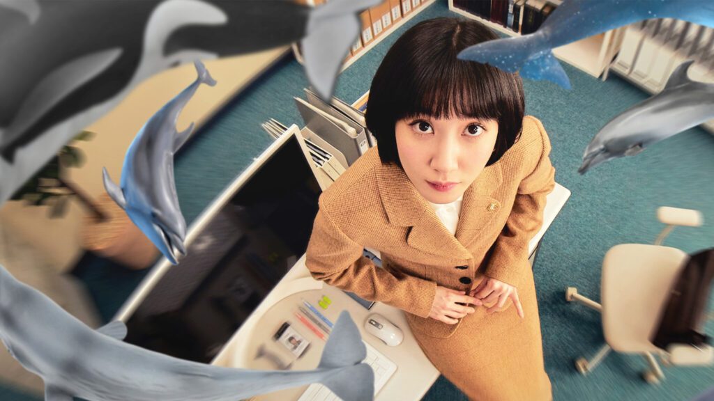 Extraordinary Attorney Woo Korean drama poster featuring Woo Young-woo looking up in an office surrounded by dolphins