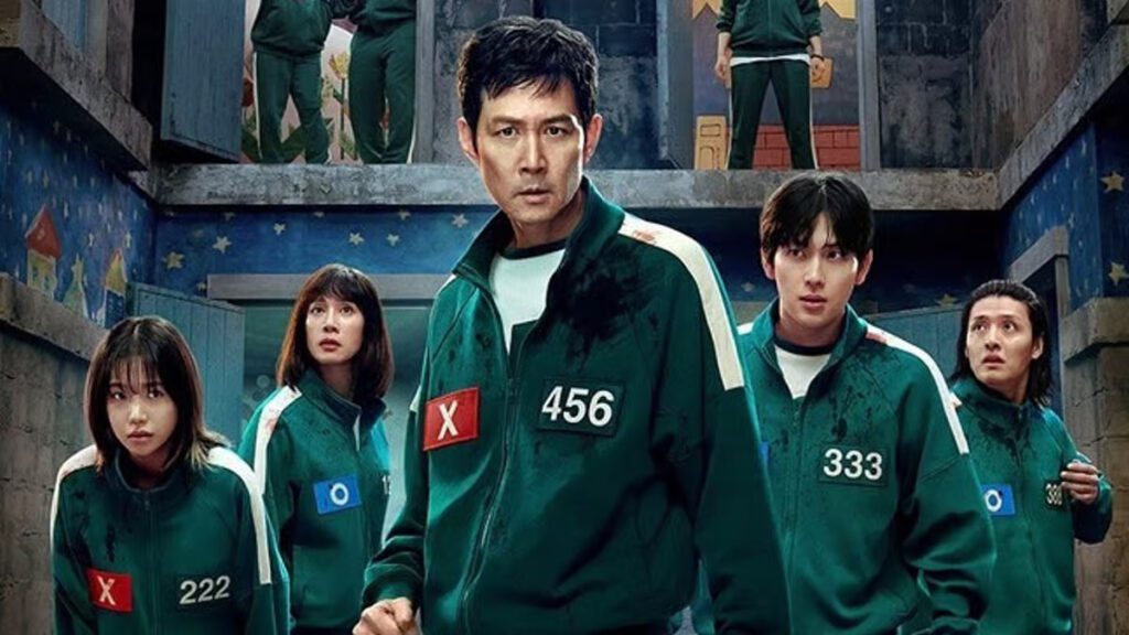 Squid Game main cast promotional poster featuring contestants in survival uniforms
